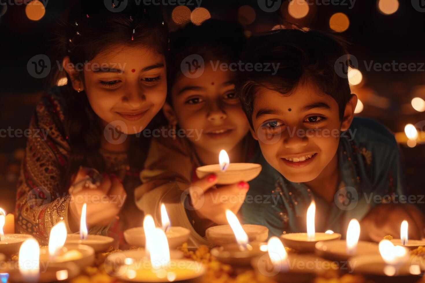 AI generated Children's Delight in Diwali Candle Lighting. Three joyful children lighting Diwali candles, their faces aglow with the warm light and festivities. photo