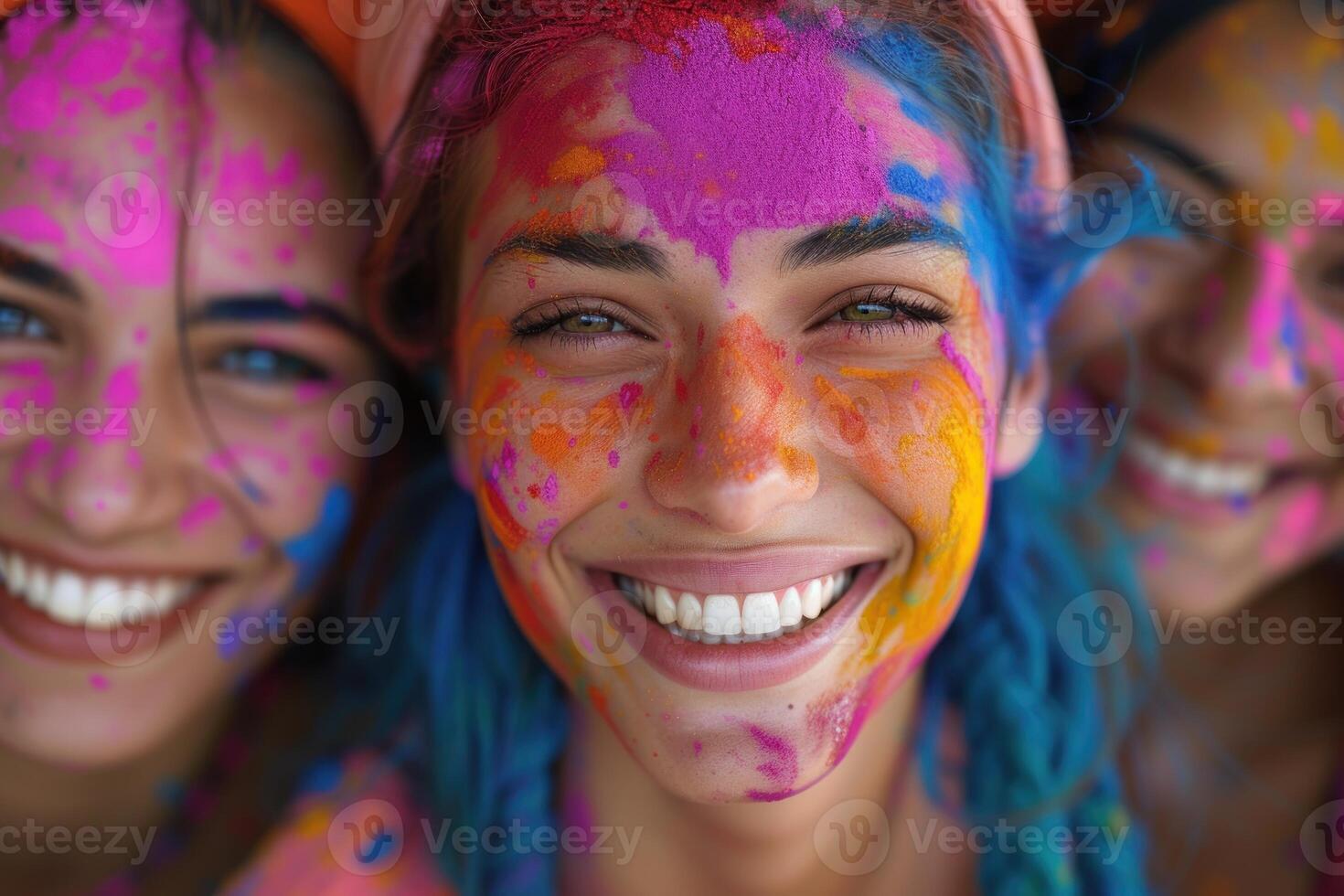 AI generated Joyful Young Woman Celebrating Holi Festival. Close-up of a smiling young woman's face adorned with colorful Holi festival powders, exuding happiness. photo