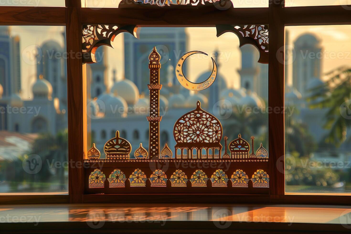 AI generated Intricate Paper Art of Islamic Architecture. A beautifully crafted paper art diorama depicting Islamic architecture with a crescent moon and stars in a night sky. photo