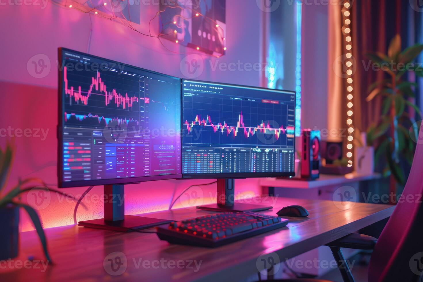 AI generated Multiscreen Computer Setup with Code and Analytics. An advanced multiscreen computer setup displaying coding software and data analytics in a room with ambient lighting. photo