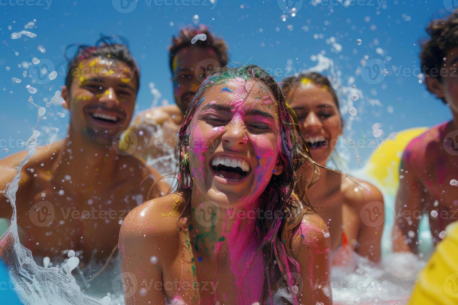 AI generated Joyful Woman Splashed with Water at Holi Festival. Young woman laughing as water droplets splash around her during the vibrant Holi festival. photo