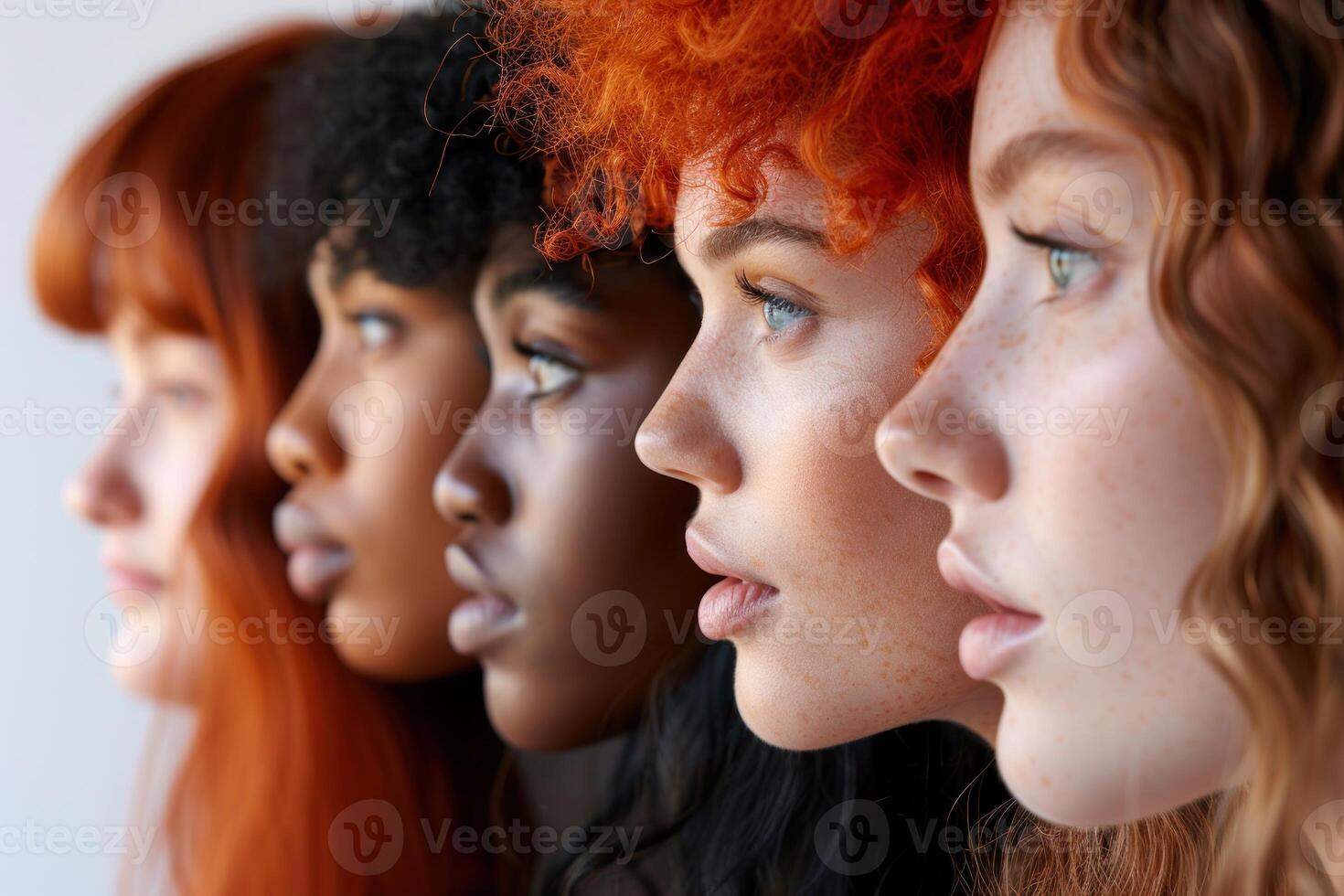 AI generated Diverse Women Profile with Unique Hairstyles. Side profile close-up of diverse women showcasing unique hairstyles and natural beauty against a neutral background. photo