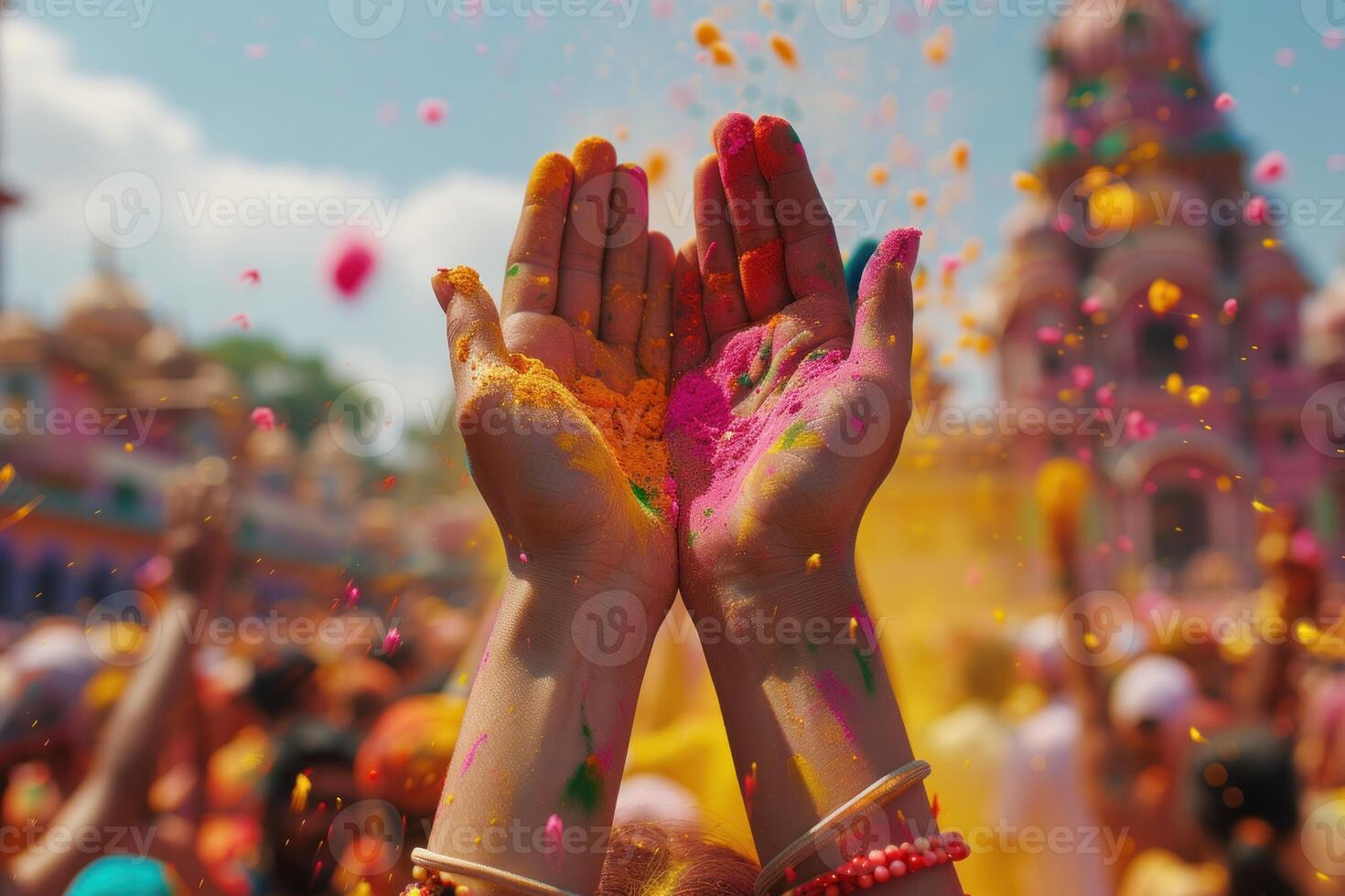 AI generated Hands Holding Vibrant Holi Gulal Powder. Close-up of hands cupping brightly colored gulal powder, ready for Holi festival celebrations. photo