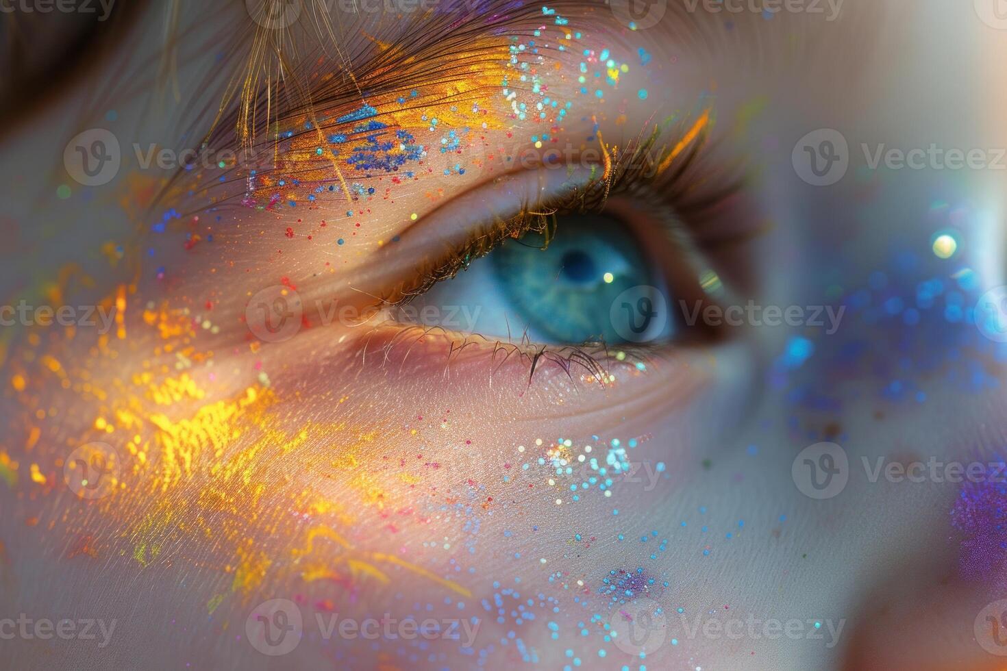 AI generated Child's Eyes Adorned with Holi Festival Colors. Close-up of a child's eyes, vibrant with the colorful powders of Holi festival, reflecting joy and celebration. photo