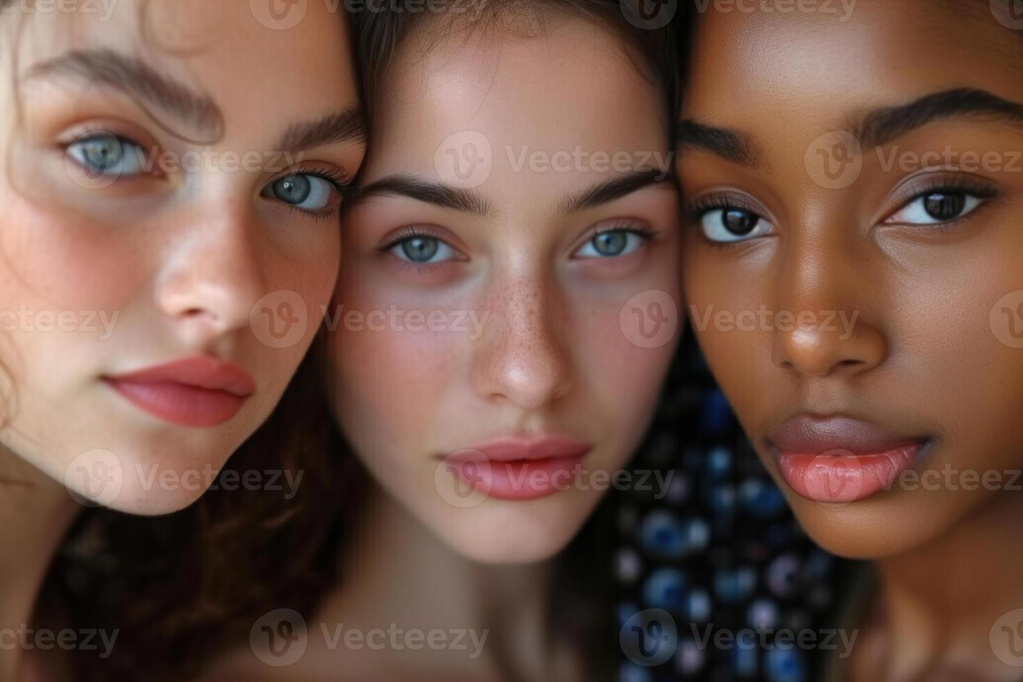 AI generated Intimate Portrait of Diverse Female Faces. An intimate and close-up portrait of three young women of various ethnicities displaying natural beauty. photo
