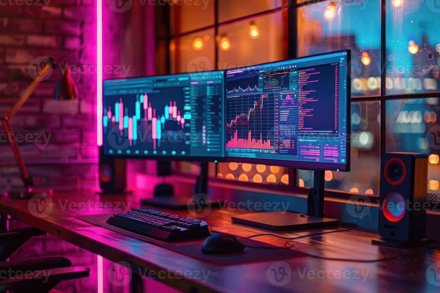 AI generated Multiscreen Computer Setup with Code and Analytics. An advanced multiscreen computer setup displaying coding software and data analytics in a room with ambient lighting. photo