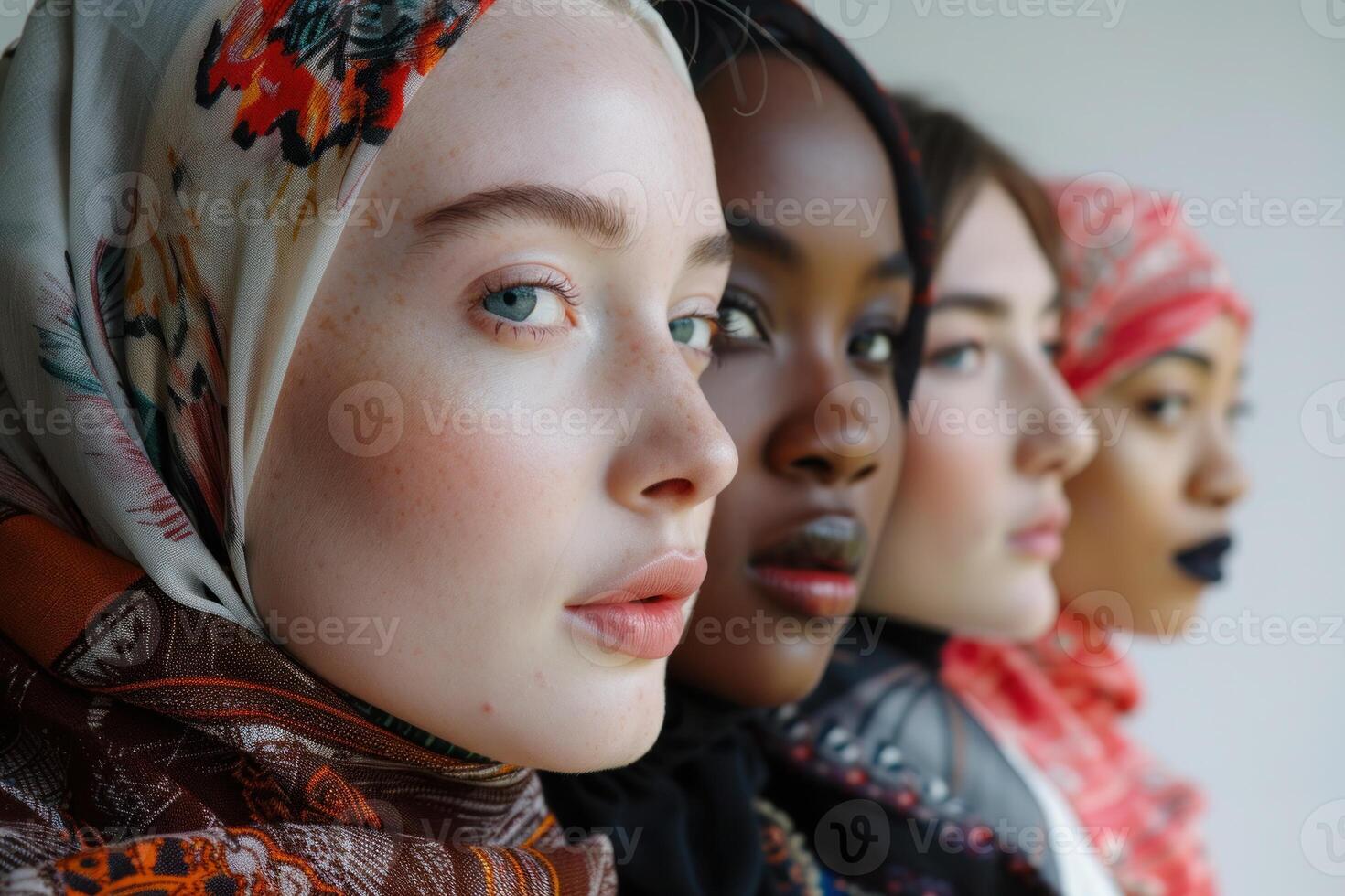 AI generated Diverse Women in Colorful Headscarves Close-Up. Four diverse women wearing colorful headscarves, representing unity in diversity. photo