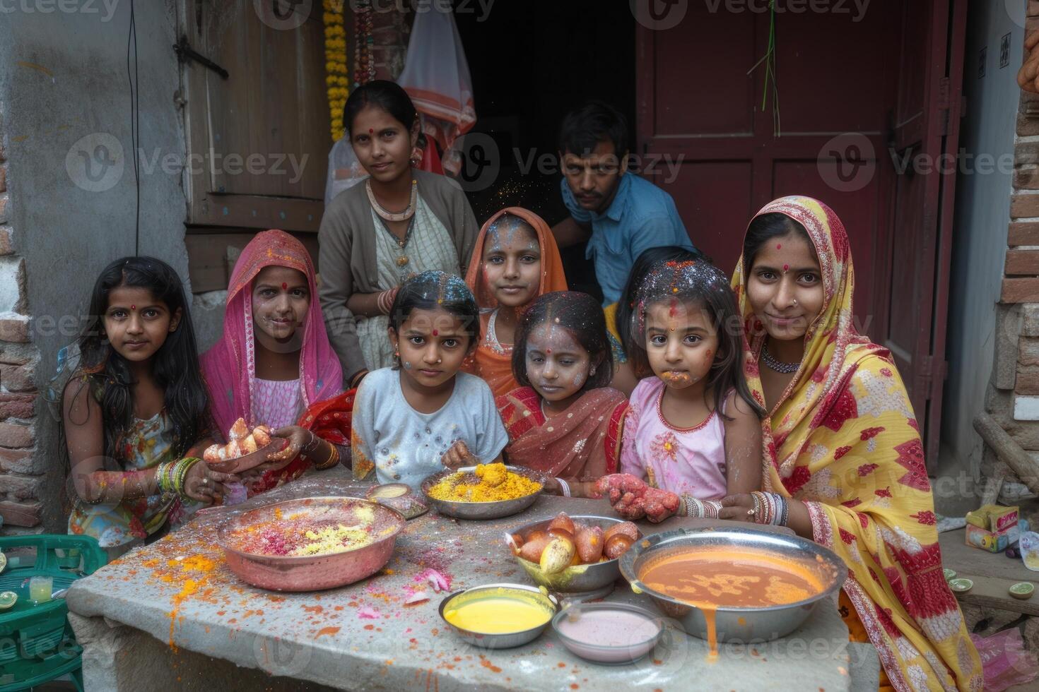 AI generated Family Celebrating Holi with Colored Powder. A family gathers together, smiling as they play with colorful gulal powder during Holi festival. photo