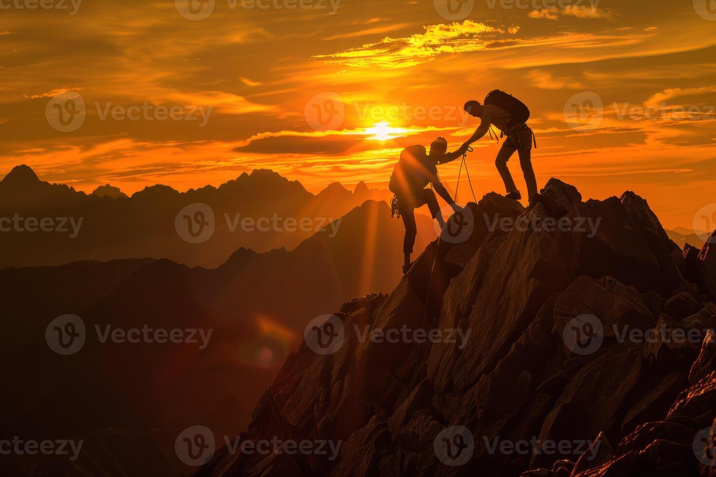 AI generated Climbers Silhouetted Against Sunset on Ocean Cliff. Two rock climbers, silhouetted by the setting sun, scale a steep cliff overlooking the ocean. photo