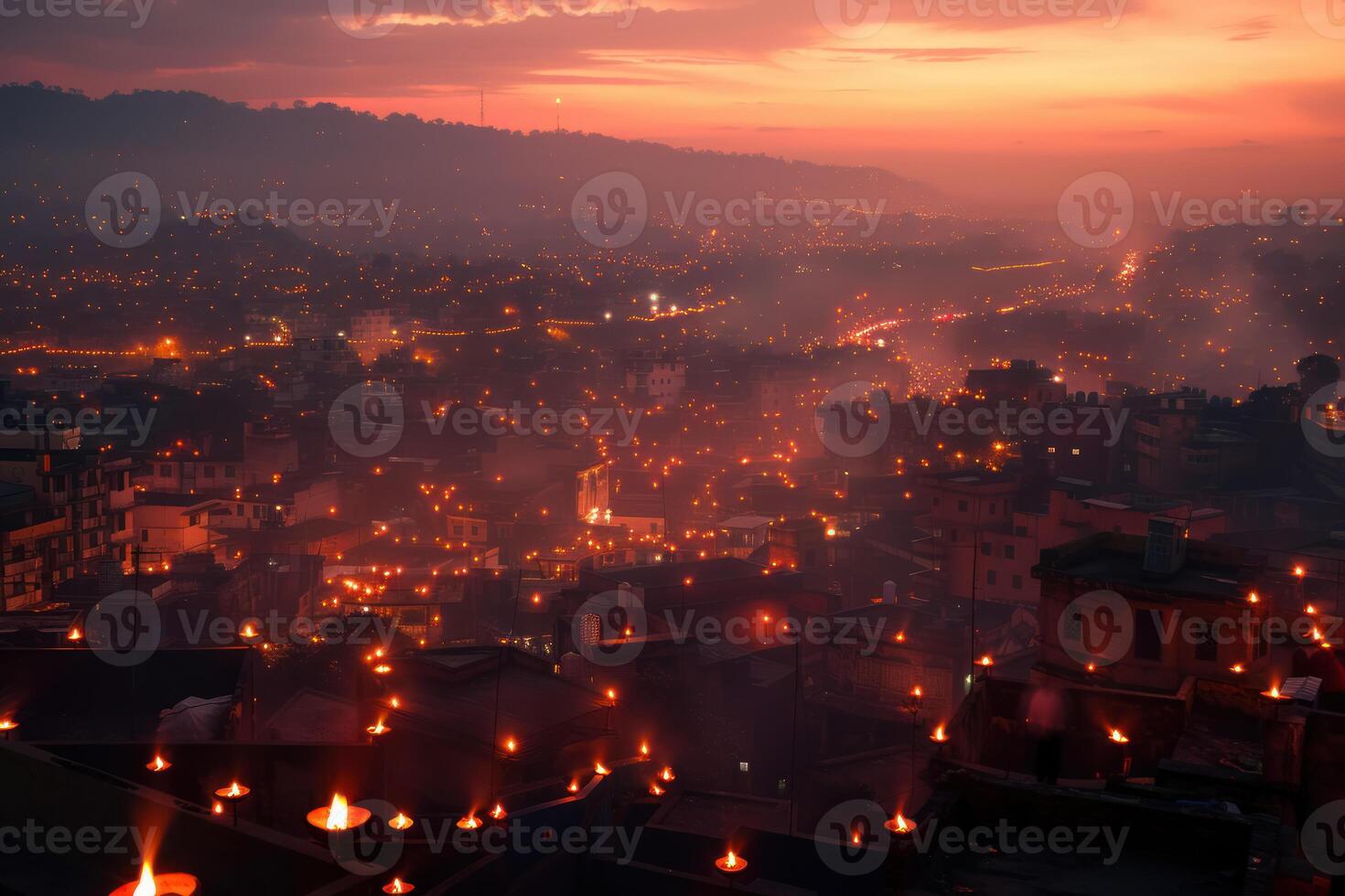 AI generated Diwali Lights Embrace the Cityscape at Twilight. A panoramic view of a bustling cityscape warmly lit with countless Diwali lamps as dusk falls, celebrating the Festival of Lights. photo