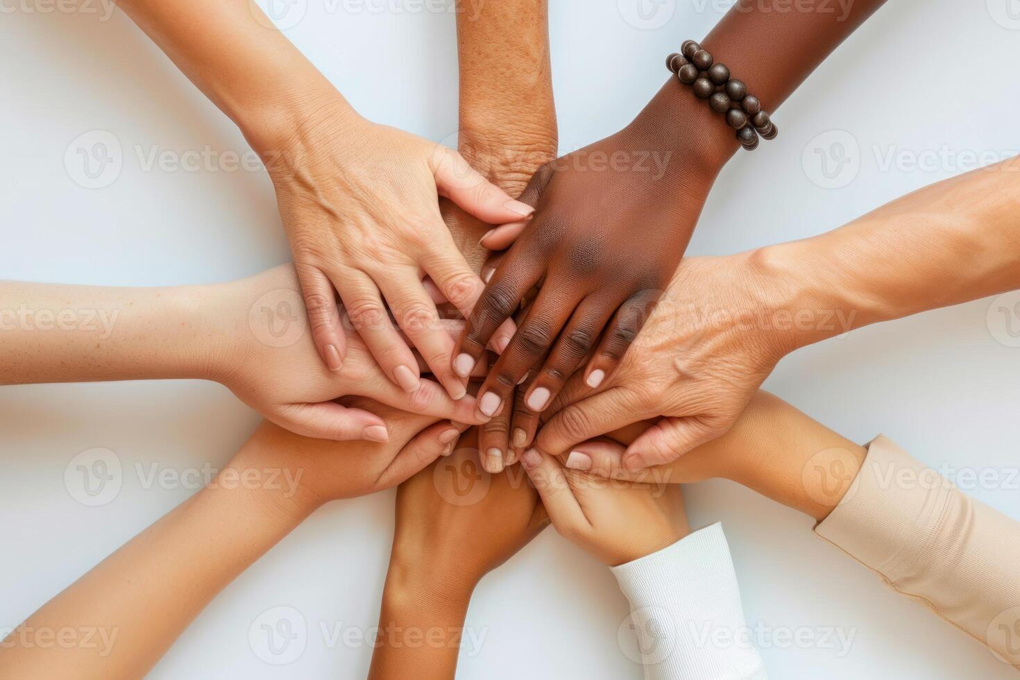 AI generated United Circle of Women's Hands from Various Backgrounds. Close-up of a united circle of hands from women of diverse ethnic backgrounds on a white backdrop. photo