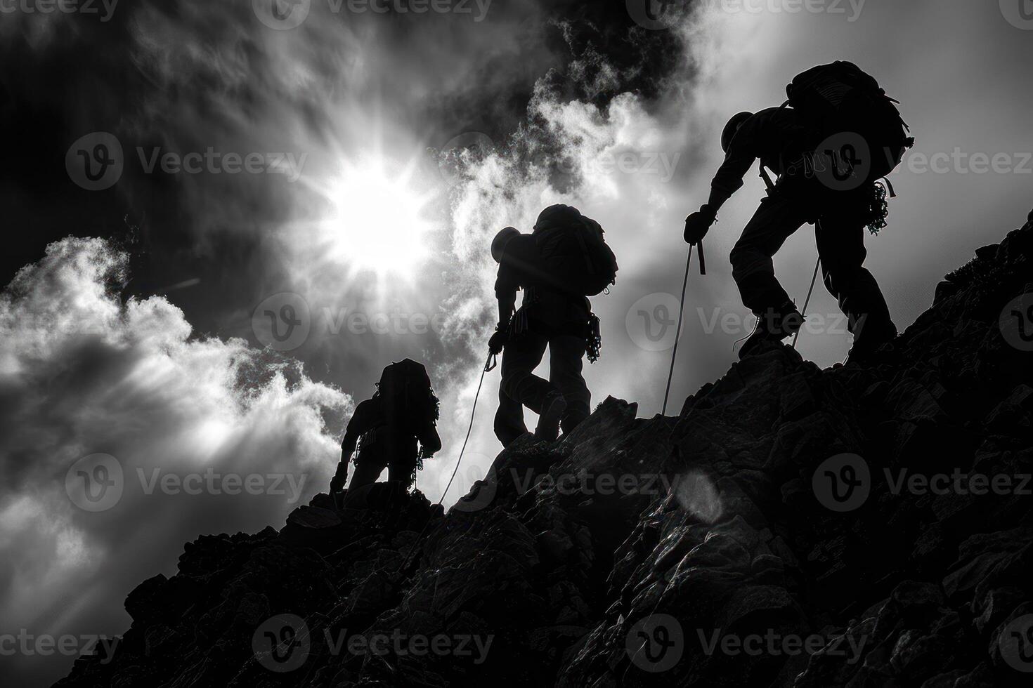 AI generated Silhouetted Hikers Ascending a Steep Hill at Sunrise. A group of hikers, silhouetted against the sky, vigorously ascend a steep hill with the sunrise behind them. photo