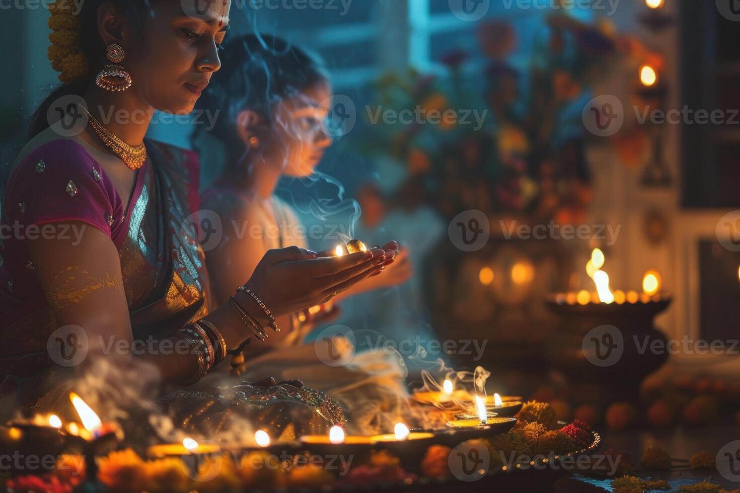 AI generated Devout Woman Praying Amidst Diwali Diyas. Young woman in traditional attire praying with folded hands, surrounded by lit Diwali earthen lamps. photo