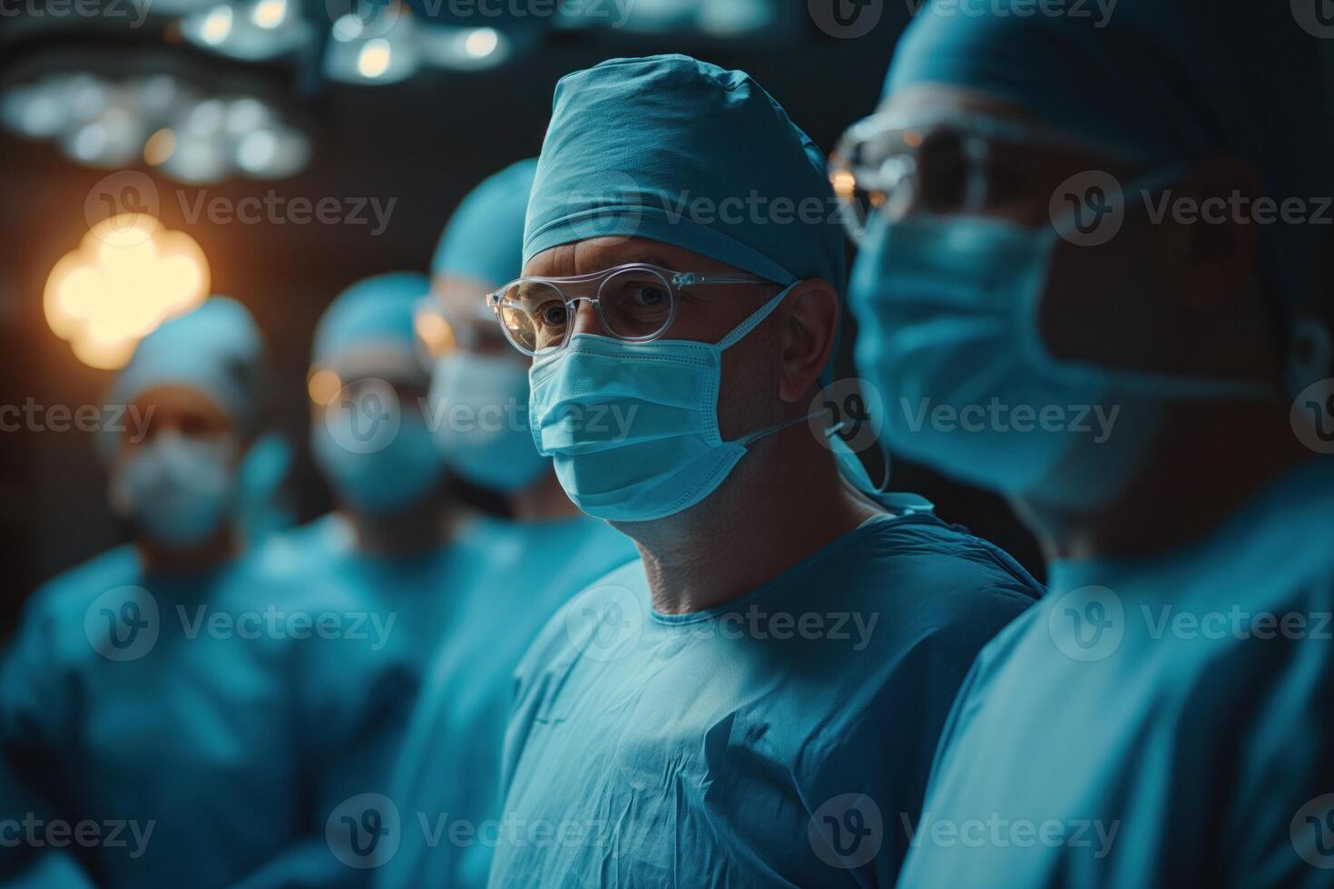 AI generated A surgeon in blue surgical attire and a face mask stands confidently among colleagues before performing a surgery in an operating room. photo