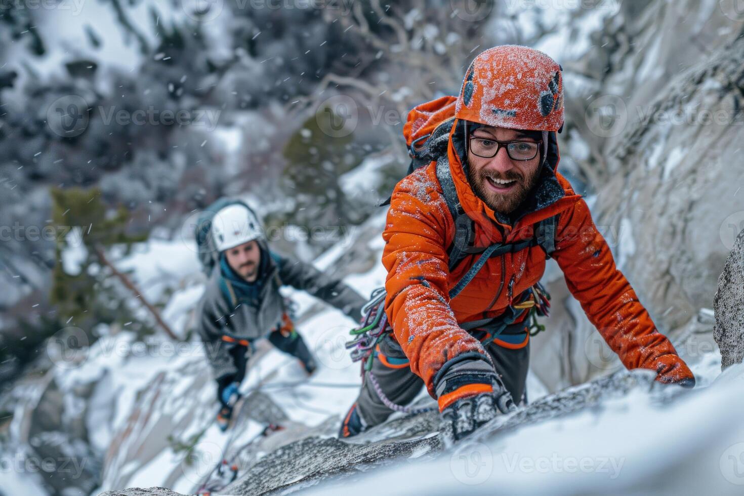 AI generated Climbers Braving a Snowy Ascent. Adventurous climbers ascending a snowy mountain face, one reaching out to support the other. photo