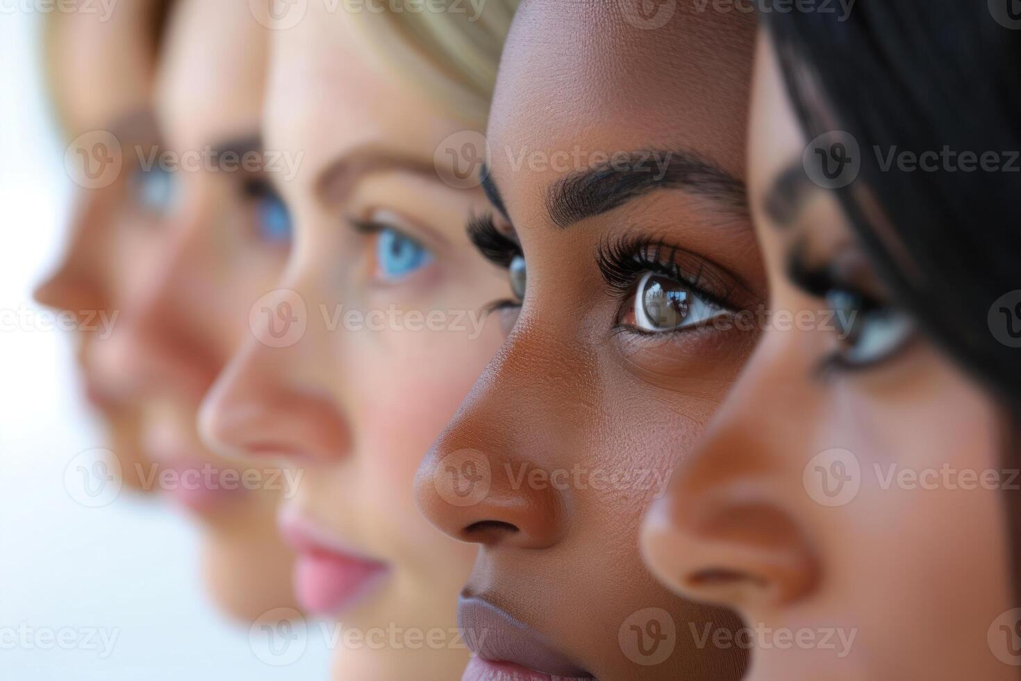 AI generated Diverse Women Profile with Unique Hairstyles. Side profile close-up of diverse women showcasing unique hairstyles and natural beauty against a neutral background. photo