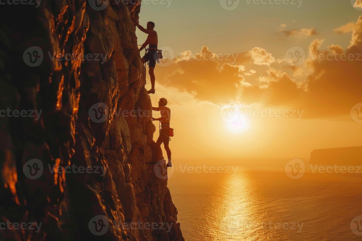 ai generado escaladores silueta en contra puesta de sol en Oceano acantilado. dos rock escaladores, silueta por el ajuste sol, escala un escarpado acantilado con vista a el océano. foto