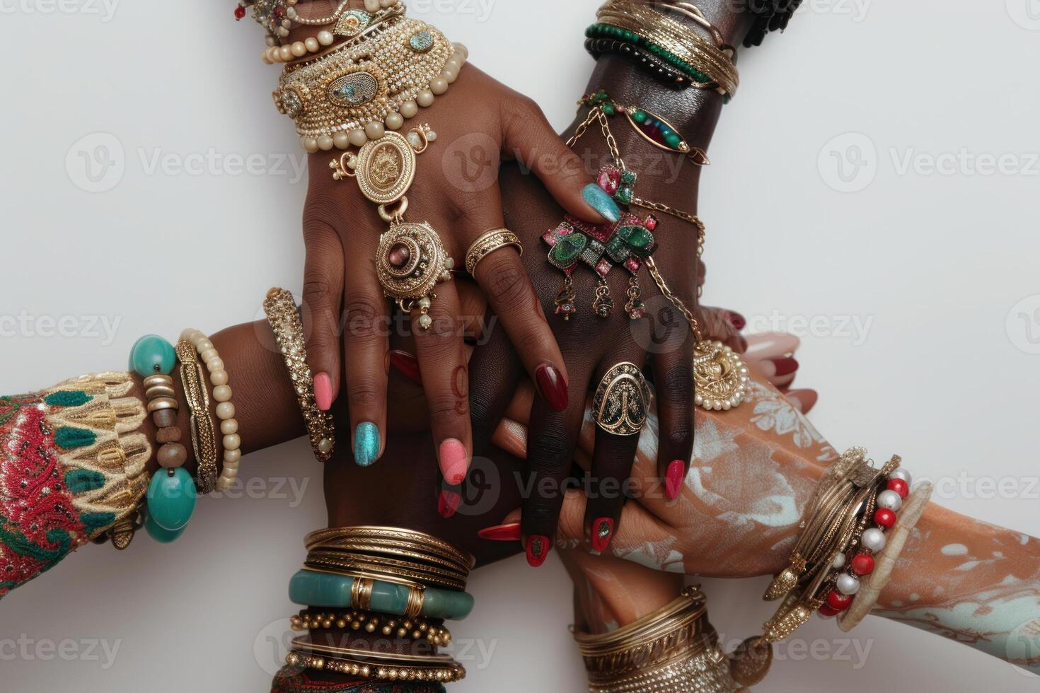 AI generated Vibrant Hands Showcasing Traditional Indian Jewelry. A vibrant close-up of diverse hands adorned with colorful bangles and rings, symbolizing unity and cultural beauty. photo