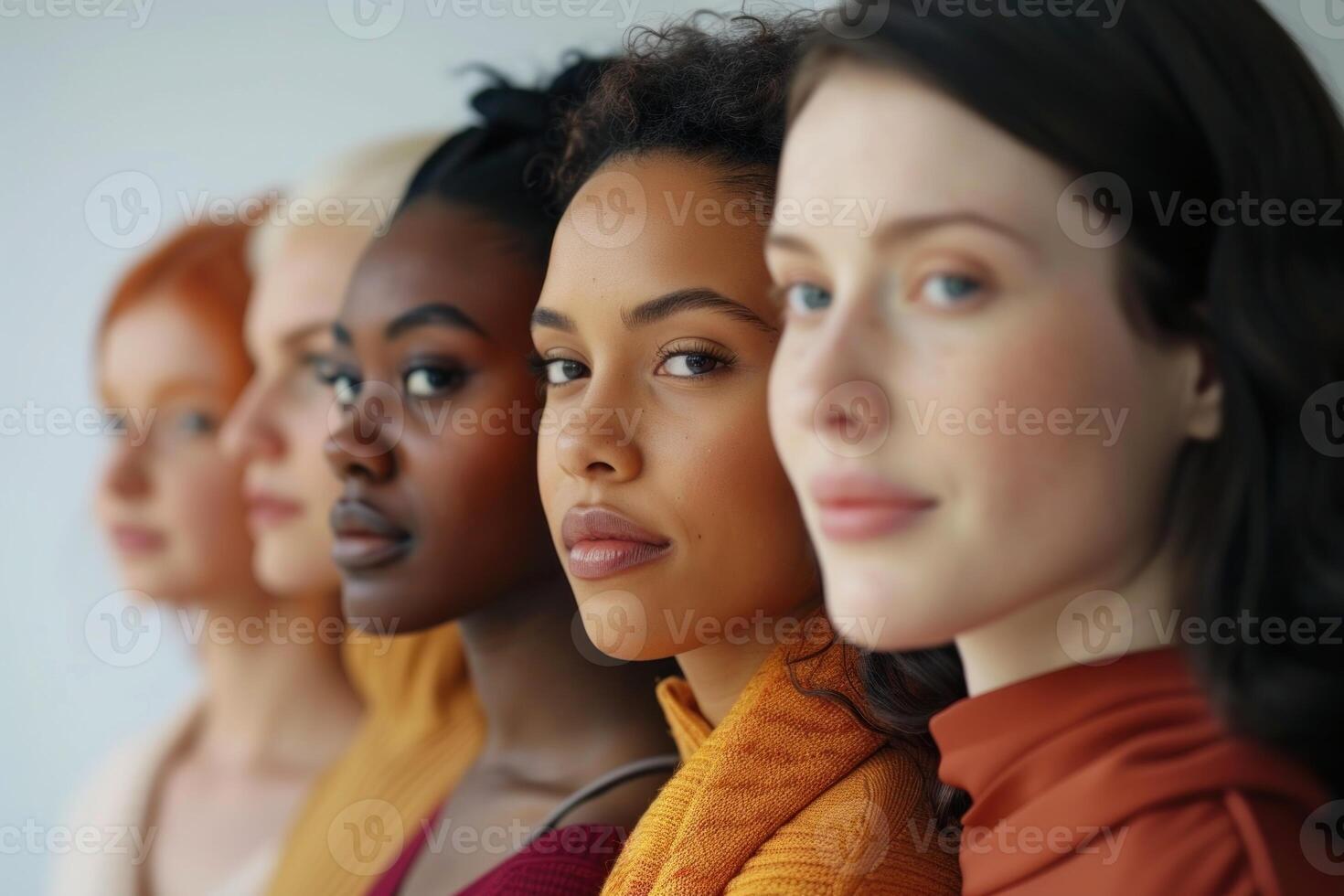 ai generado diverso mujer en vistoso pañuelos en la cabeza de cerca. cuatro diverso mujer vistiendo vistoso pañuelos en la cabeza, representando unidad en diversidad. foto