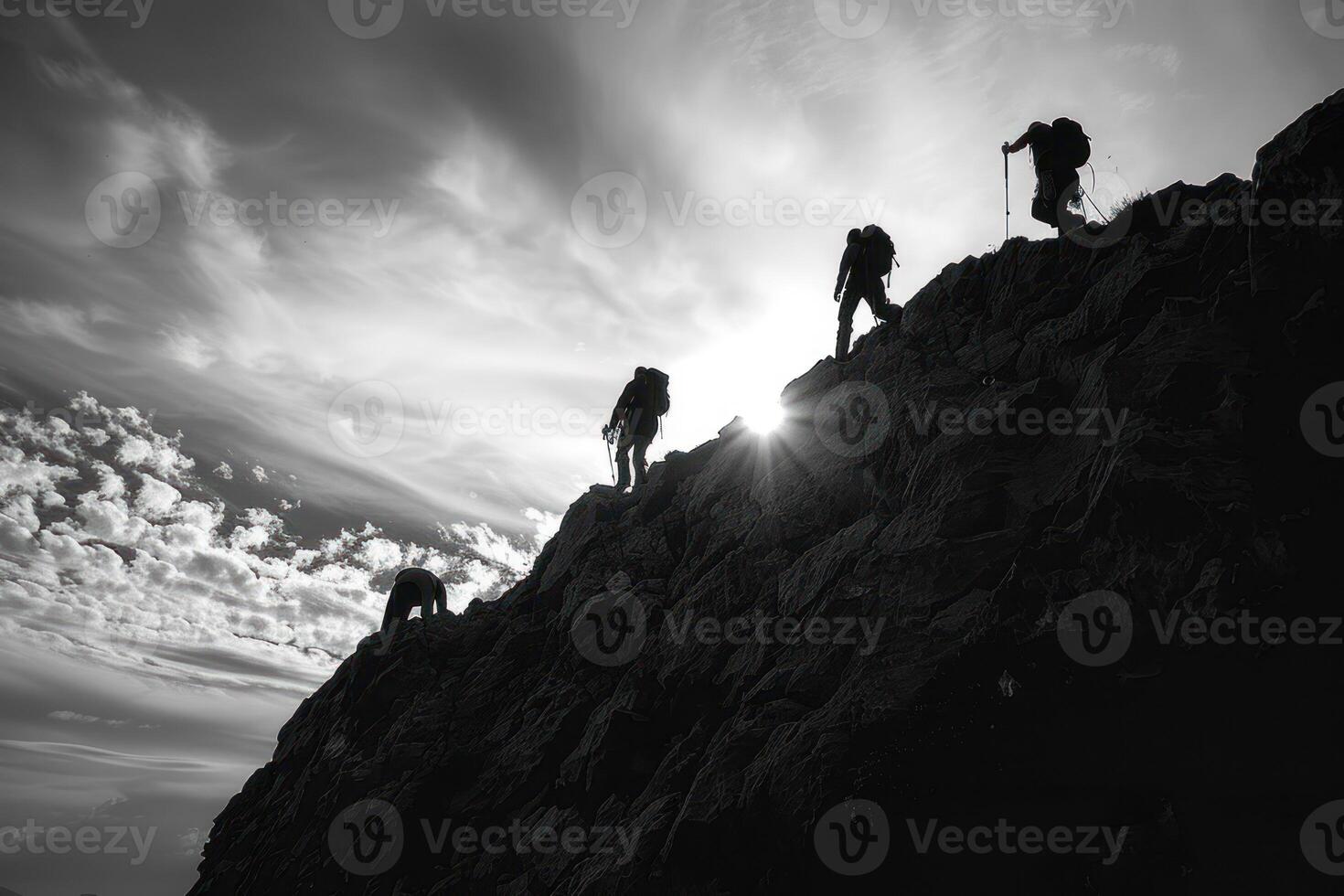 AI generated Silhouetted Hikers Ascending a Steep Hill at Sunrise. A group of hikers, silhouetted against the sky, vigorously ascend a steep hill with the sunrise behind them. photo