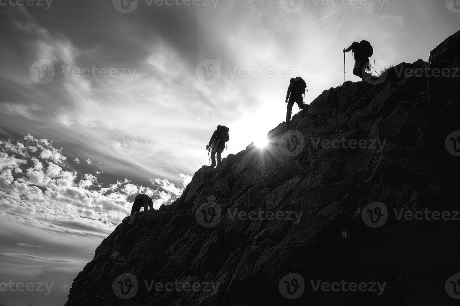 ai generado silueta caminantes ascendente un escarpado colina a amanecer. un grupo de caminantes, silueta en contra el cielo, vigorosamente ascender un escarpado colina con el amanecer detrás a ellos. foto