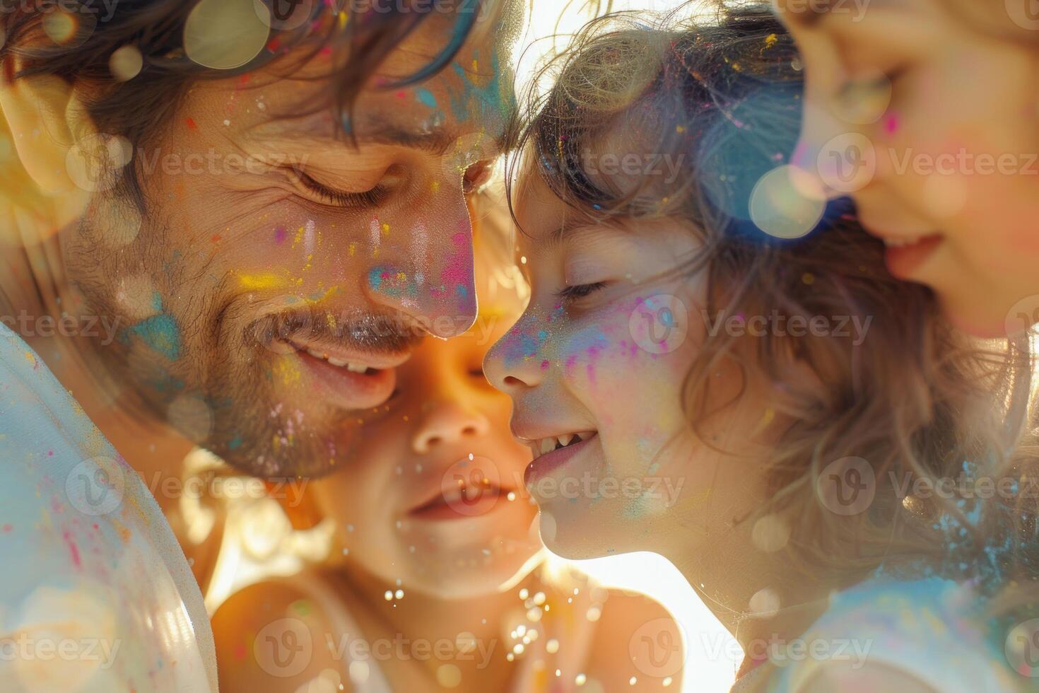 AI generated Family Bonding Over Holi Color Play. A family enjoys a close-up moment, faces covered with vibrant Holi colors, radiating joy and togetherness. photo