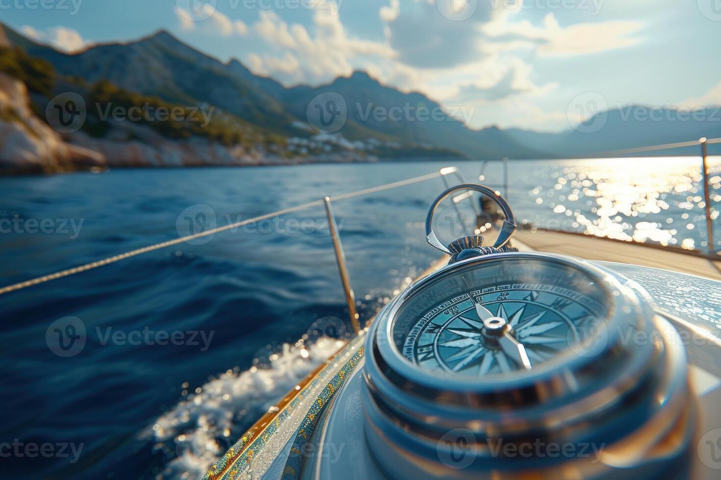 AI generated Vintage Compass on Sailboat Deck at Sunset. A detailed view of a vintage compass on a wooden sailboat deck, navigating the sea at sunset. photo