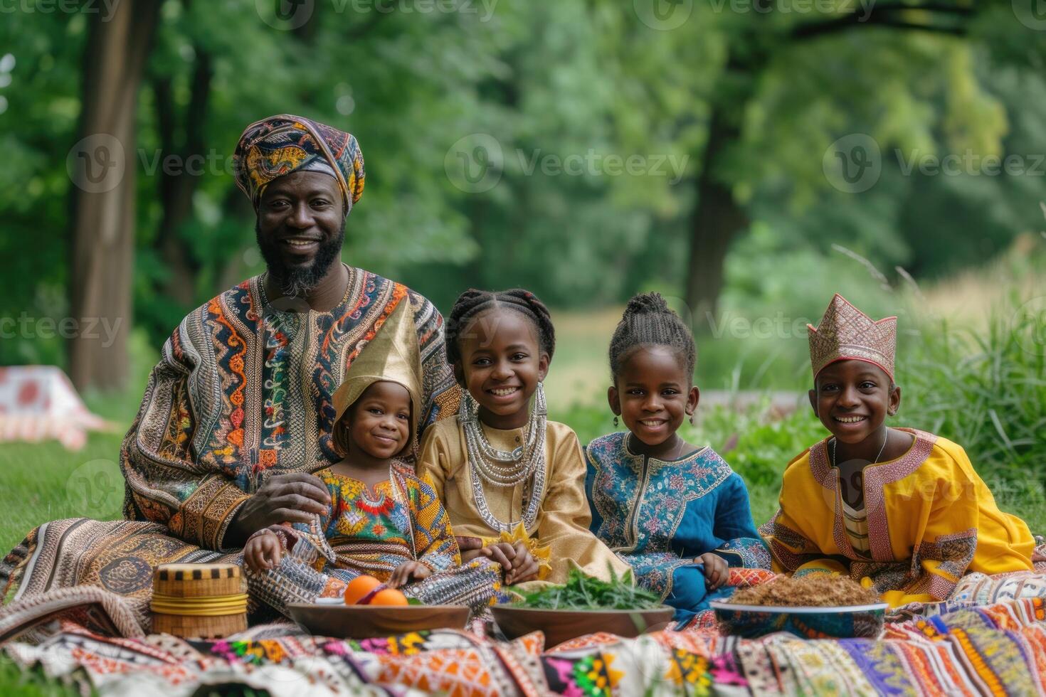 AI generated African Family Sharing Joyful Moments at Outdoor Picnic. Smiling African father with children wearing traditional attire, enjoying a picnic in a lush park. photo