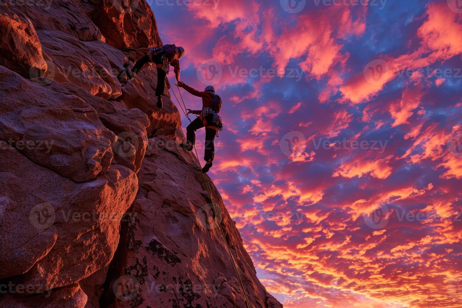 AI generated Climbers Silhouetted Against Sunset on Ocean Cliff. Two rock climbers, silhouetted by the setting sun, scale a steep cliff overlooking the ocean. photo