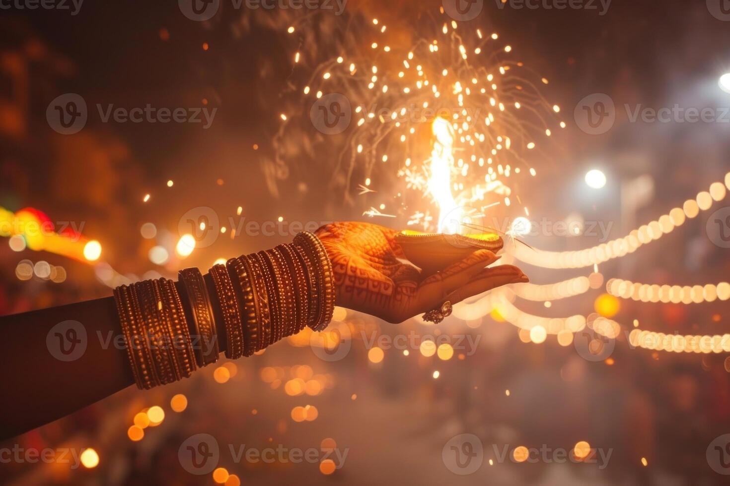 AI generated Hands Holding Diwali Sparklers Illuminating the Night. View of hands holding sparklers, illuminating the festive night with warm light and bokeh. photo