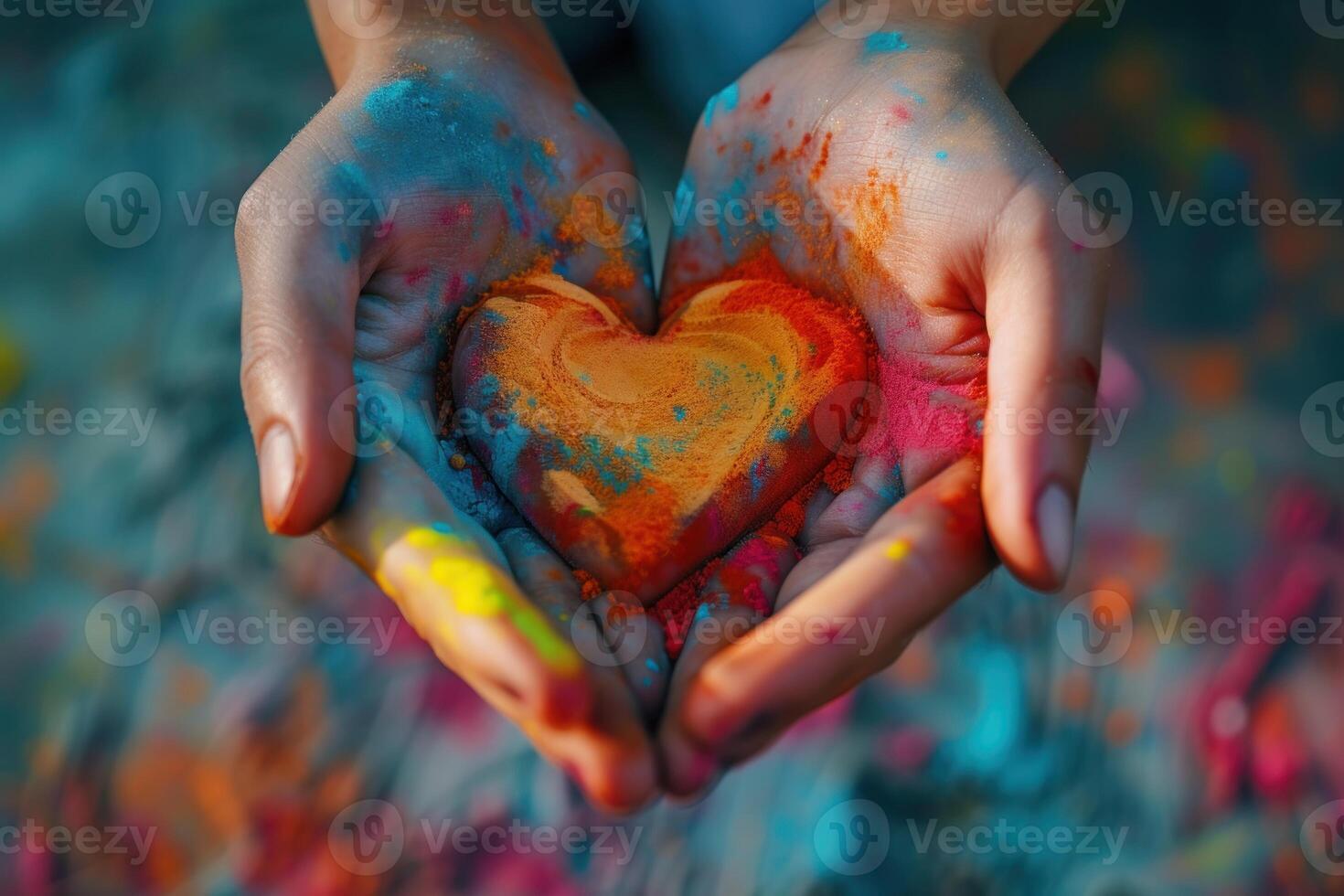 AI generated Heart Shape with Colorful Holi Powders on Hands. Hands form a heart shape, filled with vibrant Holi colored powders, symbolizing love and celebration. photo