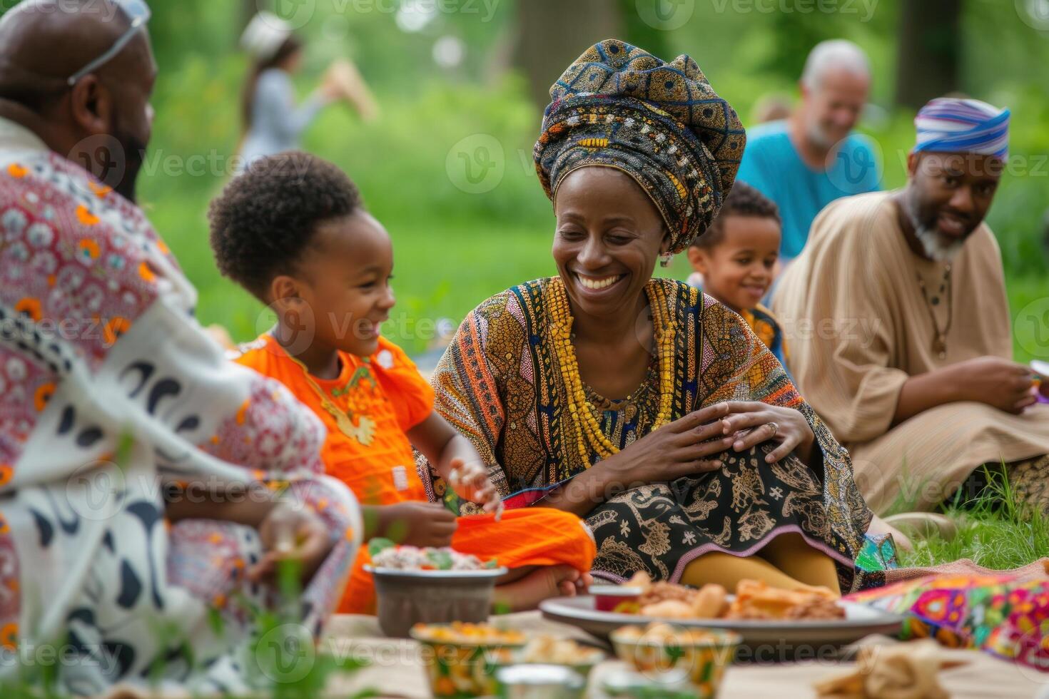 ai generado africano familia compartiendo alegre momentos a al aire libre picnic. sonriente africano padre con niños vistiendo tradicional atuendo, disfrutando un picnic en un lozano parque. foto