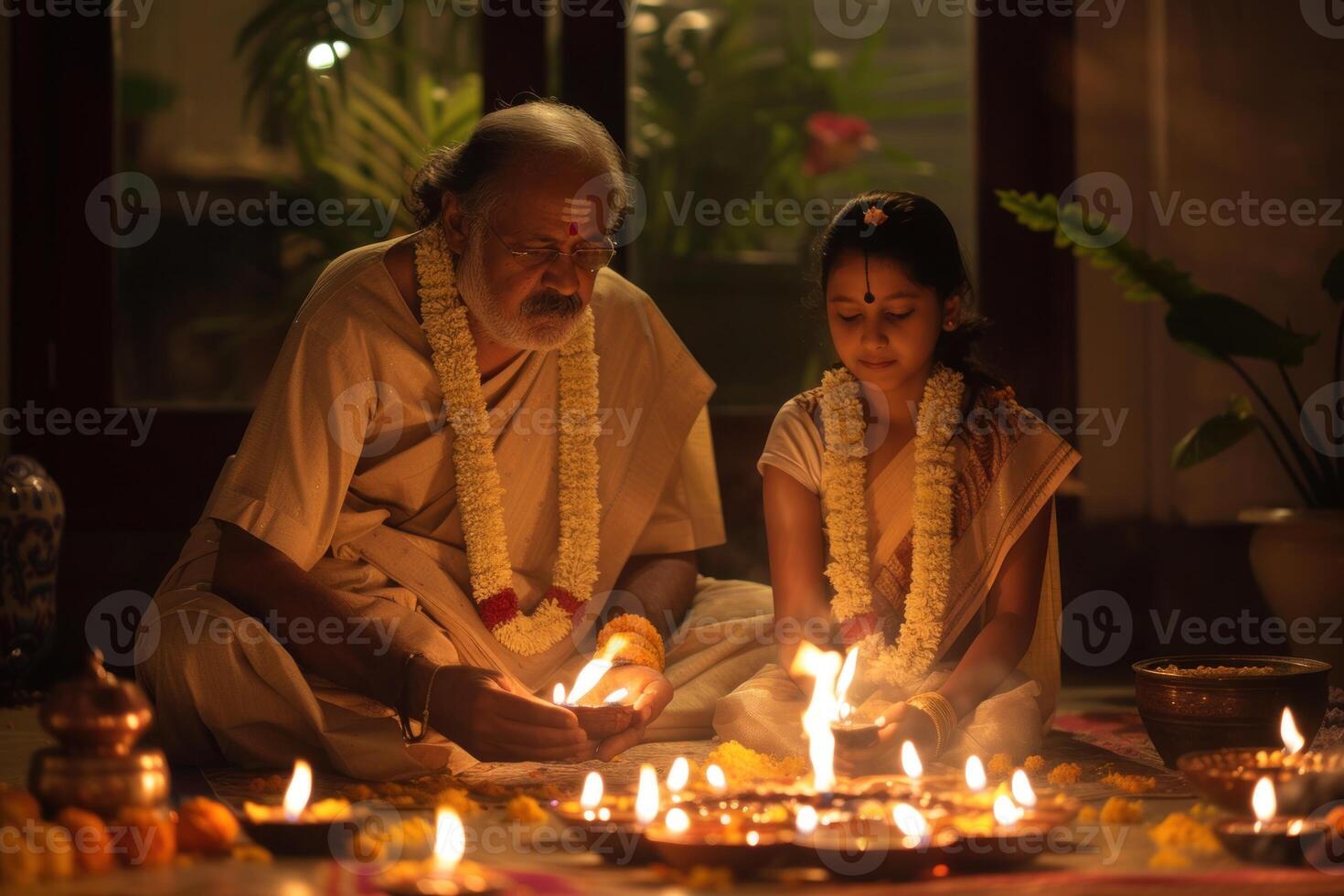 AI generated Family Bonding Over Diwali Traditions at Dusk. An animated illustration of a family dressed in traditional attire, exchanging smiles over Diwali lamps in the twilight. photo