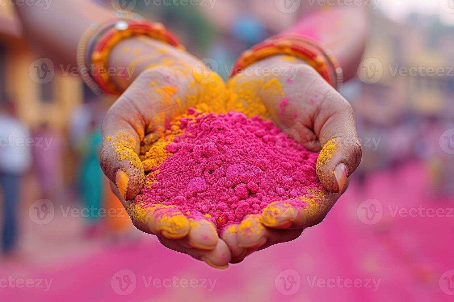 AI generated Hands Holding Vibrant Holi Gulal Powder. Close-up of hands cupping brightly colored gulal powder, ready for Holi festival celebrations. photo