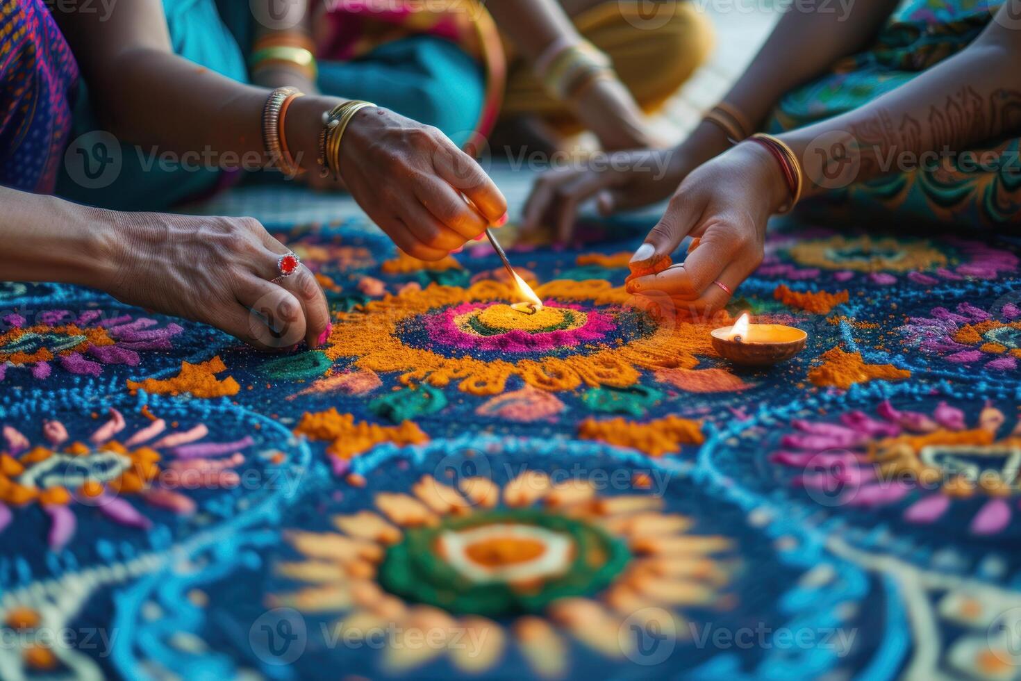 AI generated Friends Creating Colorful Rangoli Art Together. Close-up of hands meticulously crafting a vibrant rangoli, a traditional Indian art form during a festival. photo