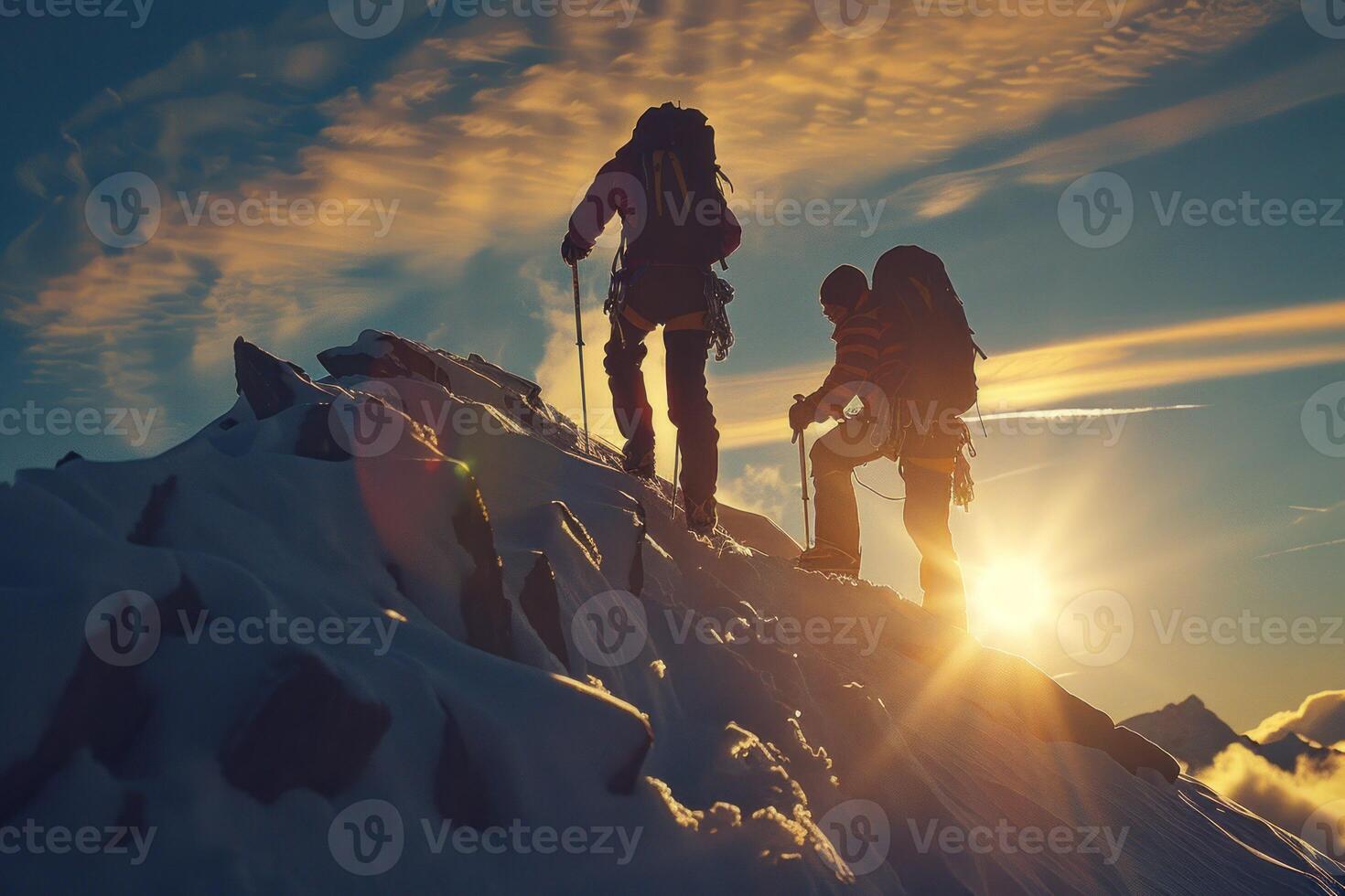 AI generated Climbers Silhouetted Against Sunset on Ocean Cliff. Two rock climbers, silhouetted by the setting sun, scale a steep cliff overlooking the ocean. photo