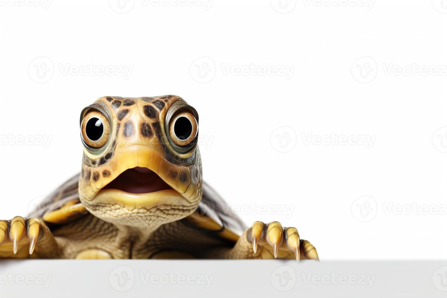 AI generated Cute, surprised turtle with large eyes on white background. Ideal for promotions, great deals or offers. Good price, Black Friday, discount. Copy space for text. Amazed animal. photo