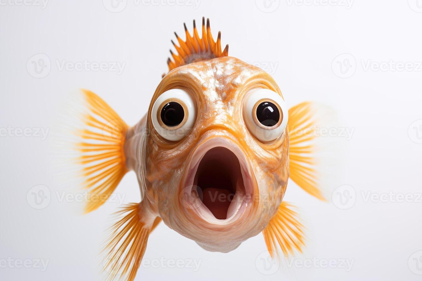 AI generated Cute, surprised fish with large eyes on white background. Ideal for promotions, great deals or offers. Good price, Black Friday, discount. Amazed animal. Generative AI. photo