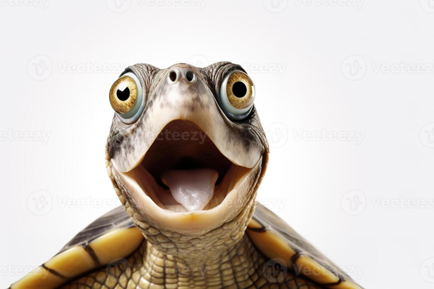 AI generated Cute, surprised turtle with large eyes on white background. Ideal for promotions, great deals or offers. Good price, Black Friday, discount. Copy space for text. Amazed animal. photo