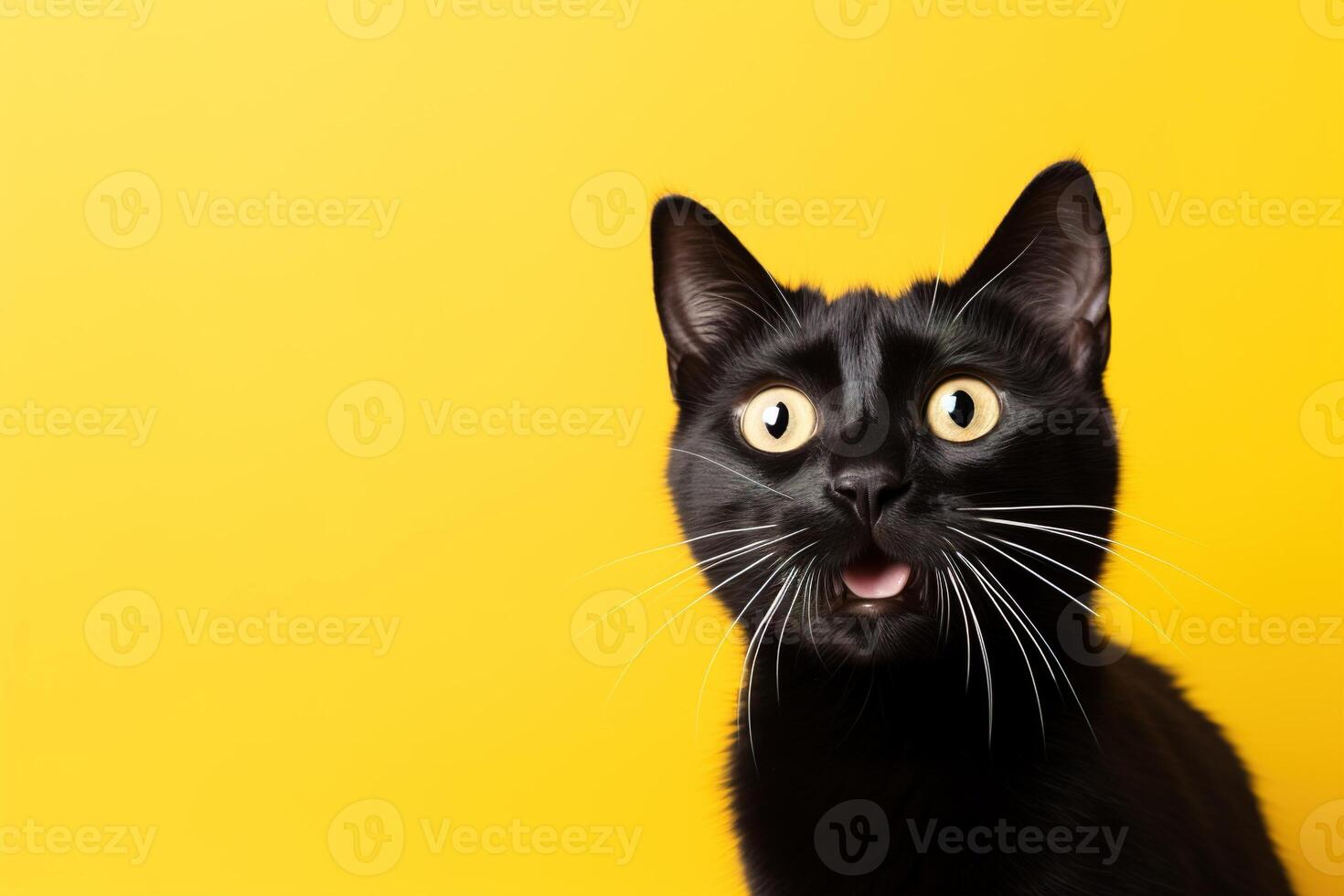 ai generado negro sorprendido gato con grande, cautivador ojos en amarillo antecedentes. ideal para promociones, genial ofertas o ofertas bueno precio, negro viernes, descuento. Copiar espacio para texto. asombrado mascota. foto