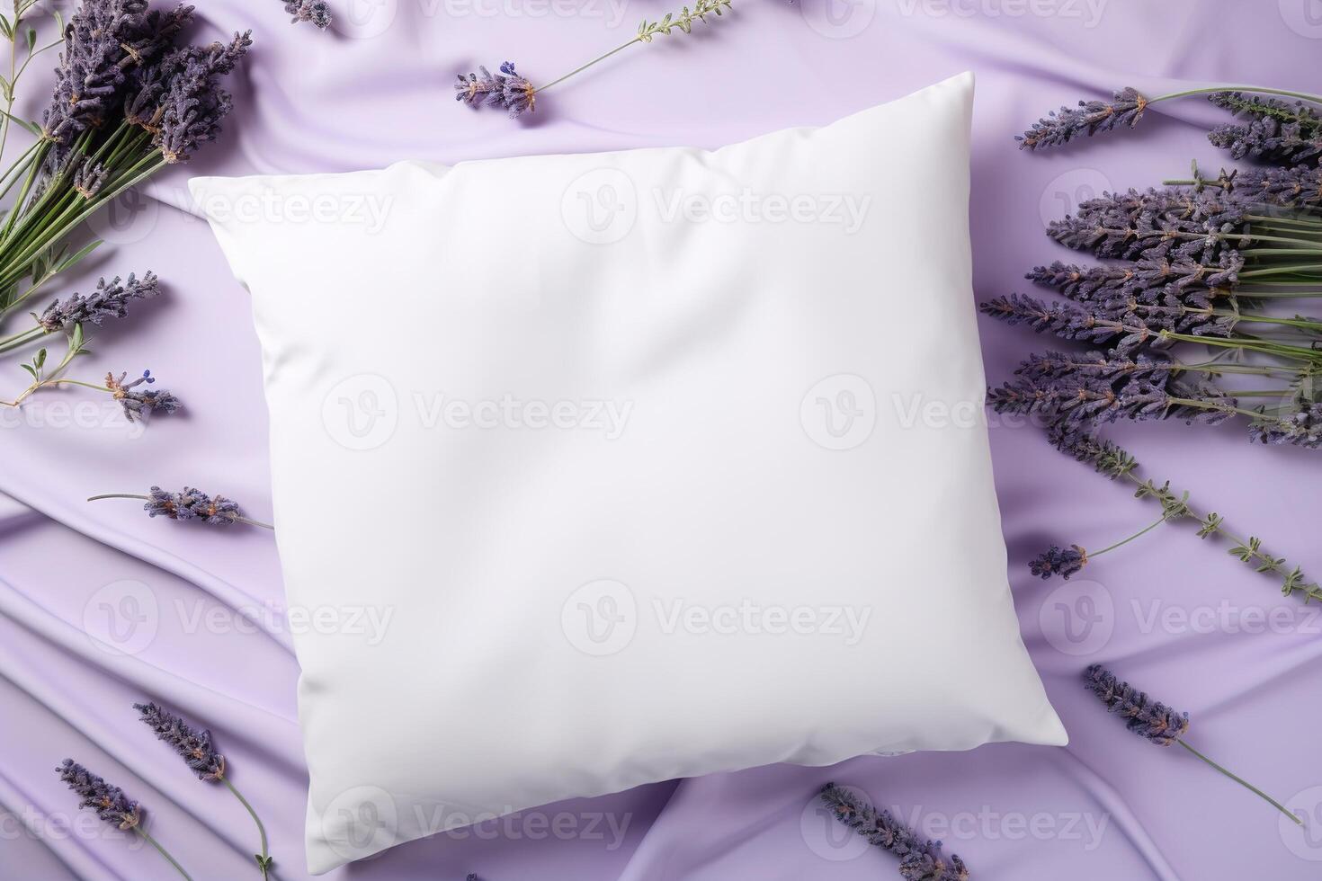 AI generated White pillow on soft purple blanket, with lavender sprigs. Blank cushion case template for your graphic design presentation. Pillow cover mock up for print, personalized illustration. photo