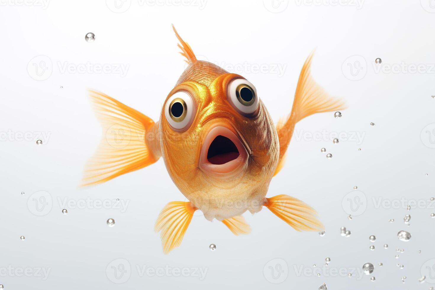 AI generated Cute, surprised fish with large eyes on white background. Ideal for promotions, great deals or offers. Good price, Black Friday, discount. Amazed animal. Generative AI. photo