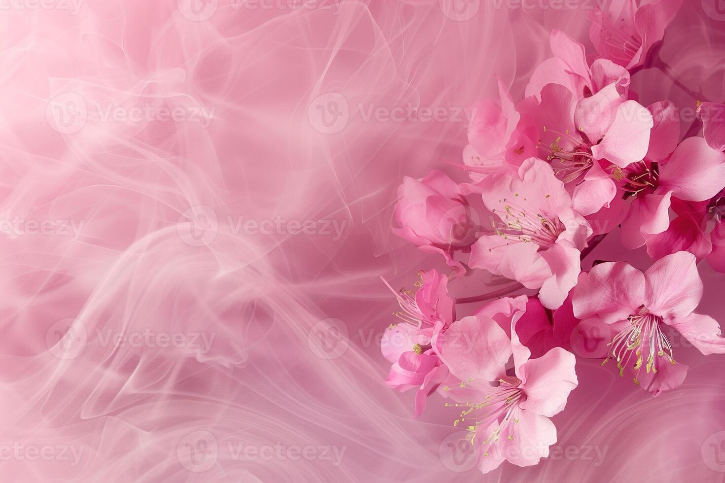 AI generated Pink background with flowers and smoke, copy space. Women's Day. It's a girl backdrop with empty space. Baby shower or birthday invitation, party. Baby girl birth announcement. photo