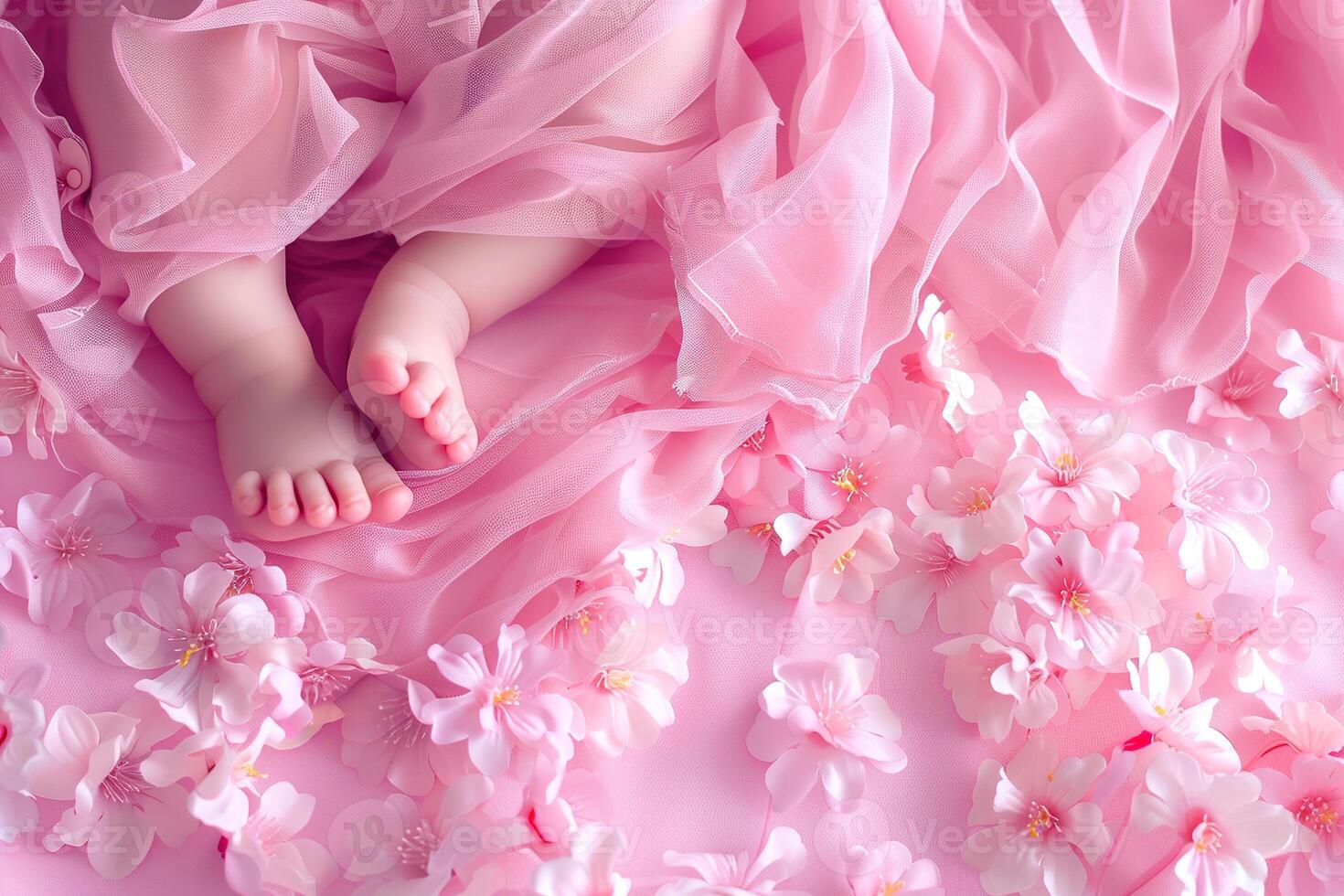 AI generated Pink background with baby feet's and flowers, copy space. It's a girl backdrop with empty space. Baby shower or birthday invitation, party. Baby girl birth announcement. Generative AI. photo