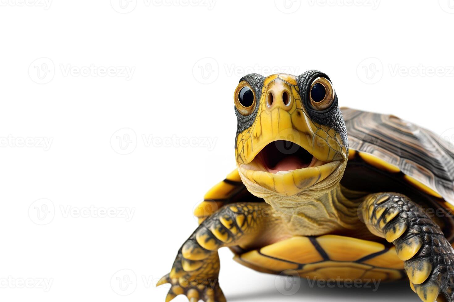 AI generated Cute, surprised turtle with large eyes on white background. Ideal for promotions, great deals or offers. Good price, Black Friday, discount. Copy space for text. Amazed animal. photo