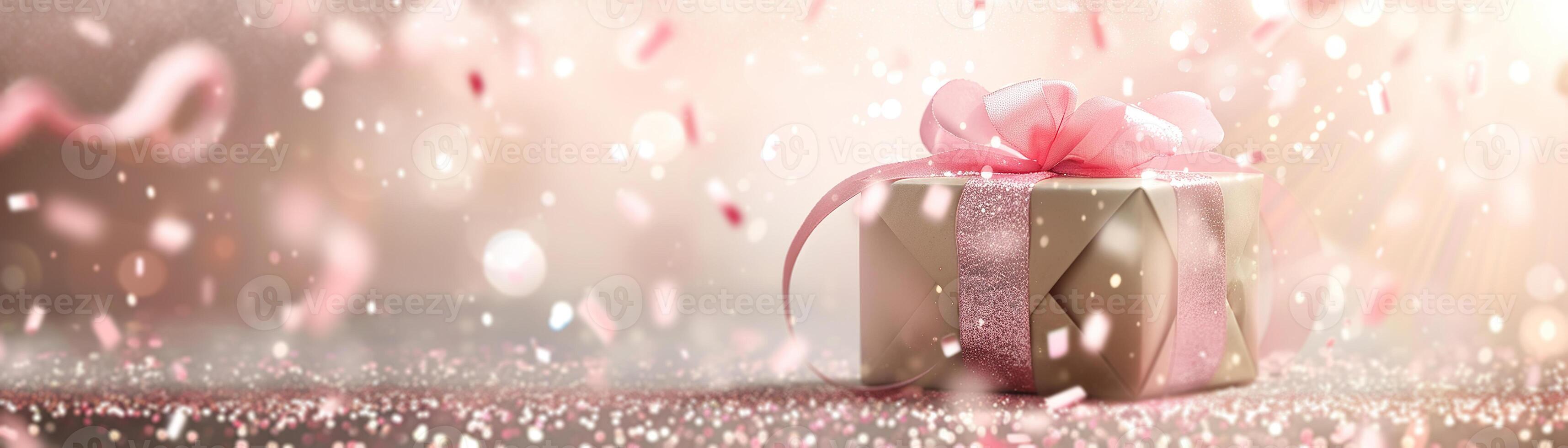 AI generated Charming Women's Day theme with a radiant gift box adorned with a silky pink ribbon amidst a shimmering, confetti laden backdrop, perfect for festive and promotional content. Banner. photo