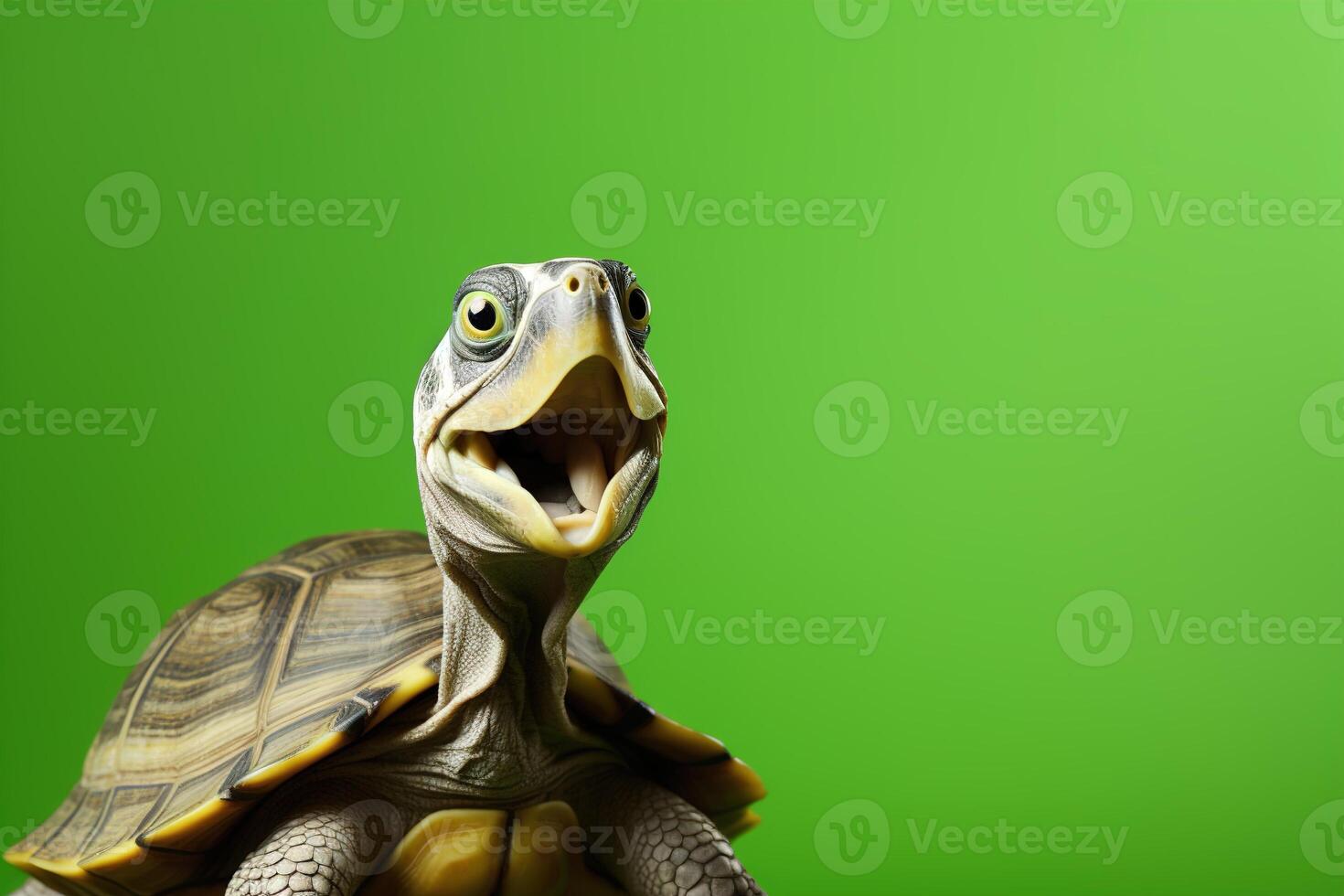 AI generated Cute, surprised turtle with large eyes on green background. Ideal for promotions, great deals or offers. Good price, Black Friday, discount. Copy space for text. Amazed animal. photo