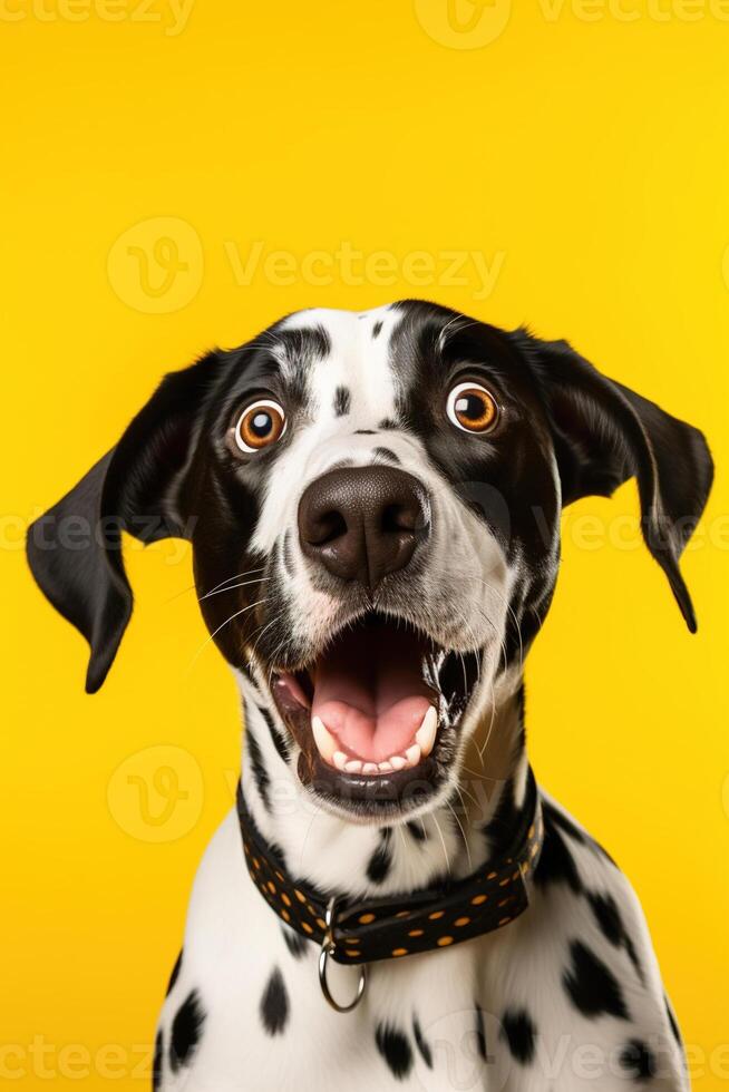 AI generated Cute, surprised dog with large, captivating eyes on yellow background. Ideal for promotions, great deals or offers. Good price, Black Friday, discount. Copy space for text. Amazed pet. photo