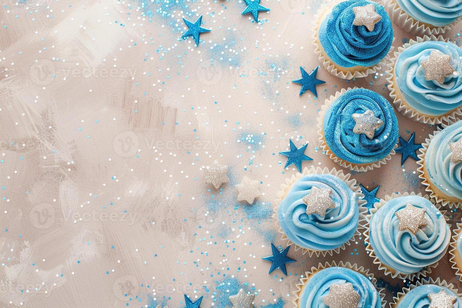 AI generated Beige background with blue cupcakes glitter and copy space. Its a boy backdrop with empty space for text. Baby shower, birthday invitation, party. Baby boy birth announcement. Mens Day. photo