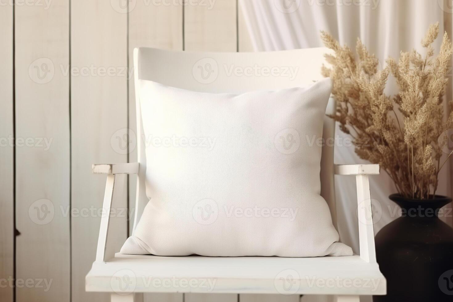 AI generated Cozy living room scene with a white square pillow. Blank cushion case template for your graphic design presentation. Pillow cover mock up for print, personalized illustration. Close-up. photo